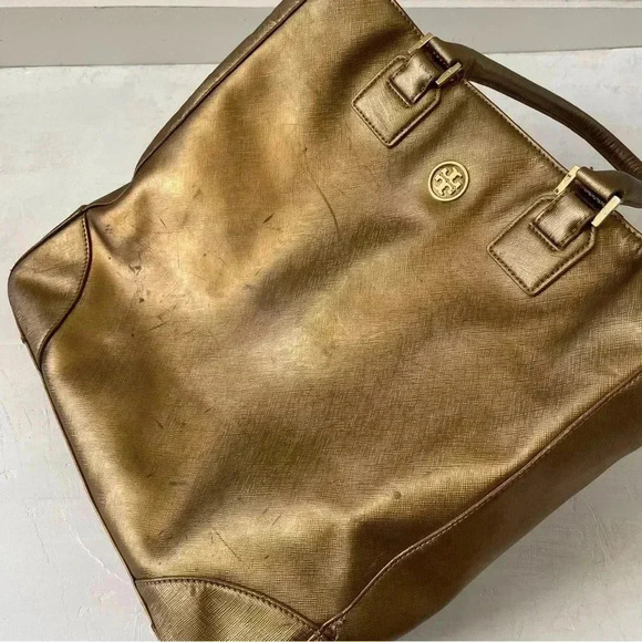 Tory Burch Robinson Gold Metallic Saffiano Mirror Tote Purse - Picture 5 of 15